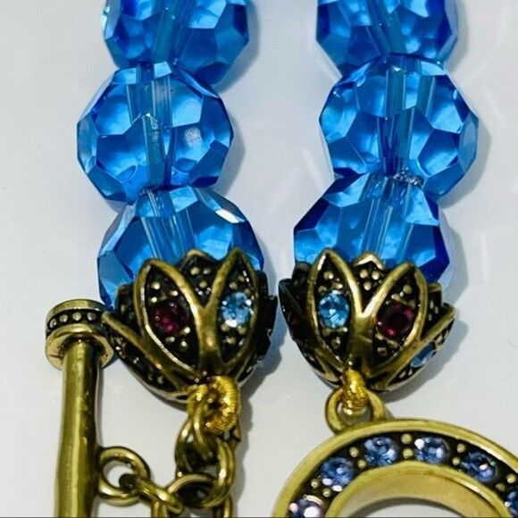 Heidi Daus Crystal Blue Beads Toggle Clasp Pendant Accente Rhinestones Necklace - Picture 9 of 13